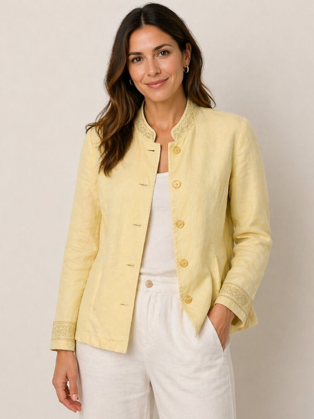 Coldwater Creek Womens Size 8 Yellow Embroidered Button Front Linen Silk Jacket
